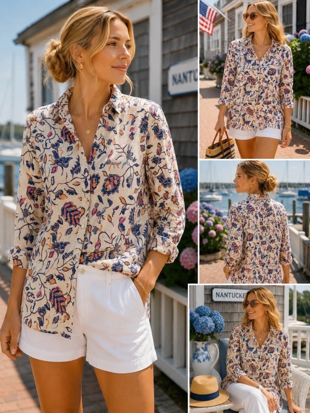 Rachel Zoe Cream Floral Button-Down Shirt with Blue & Pink Print Linen Colorful